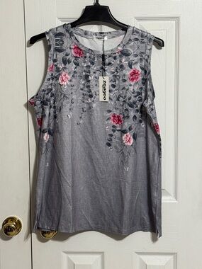 zeagoo Gray Tank Top with Pink Rose Floral Print